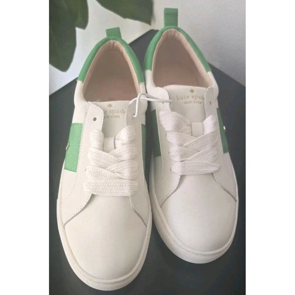 Kate Spade Ainsley Leather Sneaker Optic White Green Lace-up Size 6B New